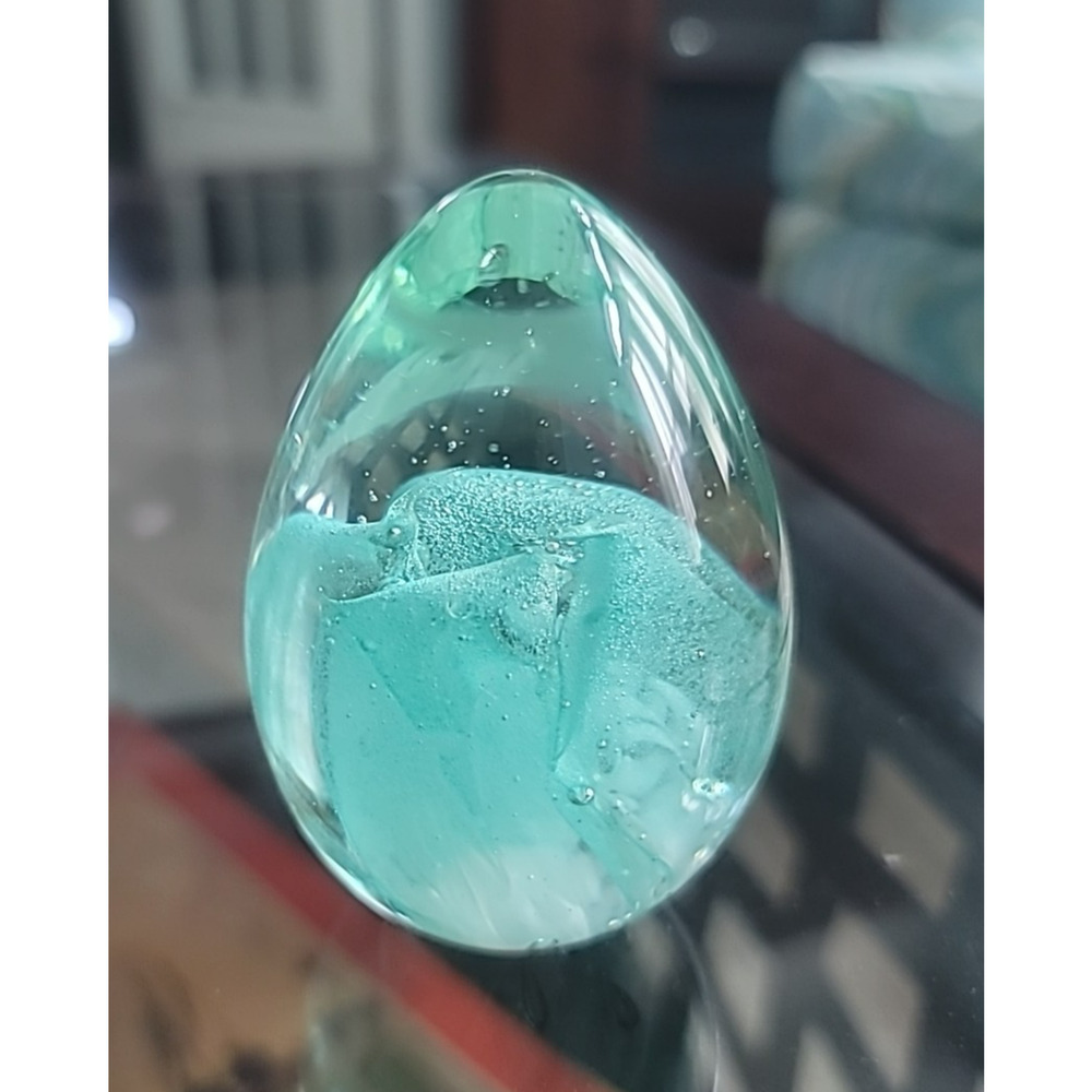 Vintage Art Glass Egg Paperweight Controlled Bubbles Blue Green Clear